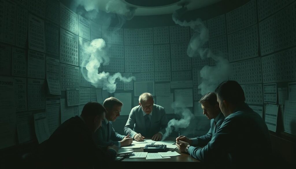 A dimly lit, smoke-filled room with an intricate web of numbers, charts, and calculations covering the walls. In the center, a group of individuals intently studying and discussing strategic lottery number combinations, their expressions intense and focused. Soft, moody lighting casts dramatic shadows, creating an atmosphere of secrecy and anticipation. The scene conveys the meticulous planning and analysis involved in the effective operation of a lottery strategy, hinting at the complexities and potential rewards of this enigmatic world. A dimly lit, smoke-filled room with an intricate web of numbers, charts, and calculations covering the walls. In the center, a group of individuals intently studying and discussing strategic lottery number combinations, their expressions intense and focused. Soft, moody lighting casts dramatic shadows, creating an atmosphere of secrecy and anticipation. The scene conveys the meticulous planning and analysis involved in the effective operation of a lottery strategy, hinting at the complexities and potential rewards of this enigmatic world.