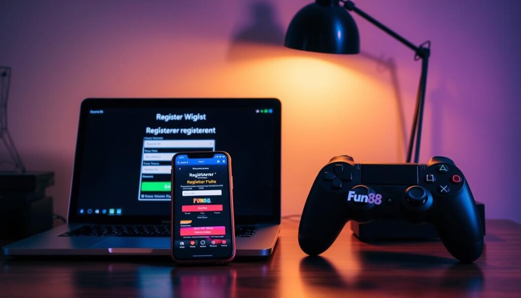 A neatly organized desktop with a laptop, smartphone, and gaming controller, showcasing the steps to register an online gambling account. Soft, warm lighting illuminates the scene, creating a welcoming and trustworthy atmosphere. The laptop screen displays a registration form, while the smartphone displays the Fun88 website, emphasizing the user-friendly and reliable nature of the platform. The gaming controller suggests the excitement and entertainment of online gambling. The arrangement conveys a sense of guidance and simplicity, inviting the viewer to confidently explore the registration process. A neatly organized desktop with a laptop, smartphone, and gaming controller, showcasing the steps to register an online gambling account. Soft, warm lighting illuminates the scene, creating a welcoming and trustworthy atmosphere. The laptop screen displays a registration form, while the smartphone displays the Fun88 website, emphasizing the user-friendly and reliable nature of the platform. The gaming controller suggests the excitement and entertainment of online gambling. The arrangement conveys a sense of guidance and simplicity, inviting the viewer to confidently explore the registration process.