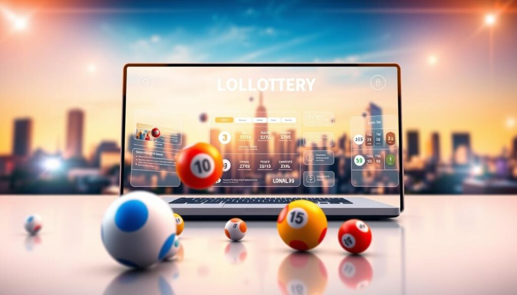 A vibrant digital display showcasing the benefits of online lottery with a sleek, modern aesthetic. In the foreground, a group of colorful lottery balls float effortlessly, hinting at the excitement and potential rewards of playing. The middle ground features a stylized representation of an online platform, with clean interfaces and intuitive controls. The background depicts a softly blurred cityscape, evoking the convenience and accessibility of playing from anywhere. Warm lighting casts a welcoming glow, while subtle lens flare effects add a touch of dynamism. The overall composition conveys the thrill, simplicity, and advantages of participating in online lottery games. A vibrant digital display showcasing the benefits of online lottery with a sleek, modern aesthetic. In the foreground, a group of colorful lottery balls float effortlessly, hinting at the excitement and potential rewards of playing. The middle ground features a stylized representation of an online platform, with clean interfaces and intuitive controls. The background depicts a softly blurred cityscape, evoking the convenience and accessibility of playing from anywhere. Warm lighting casts a welcoming glow, while subtle lens flare effects add a touch of dynamism. The overall composition conveys the thrill, simplicity, and advantages of participating in online lottery games.